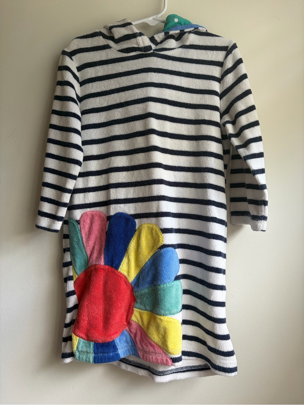 Mini Boden Terry Striped Rainbow Flower Appliqué Hooded Towel Swim Dress Cover